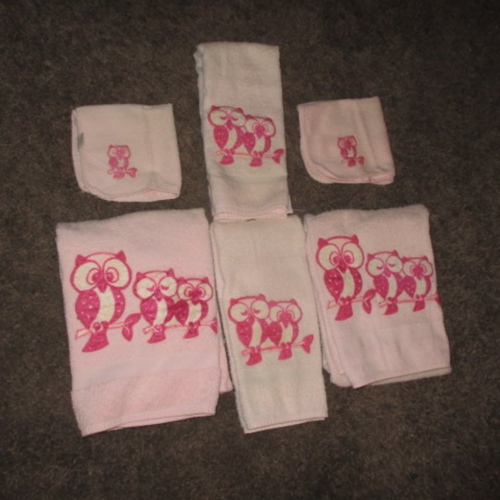 Vintage MCM Pink flocked owls Sears Towels pink Retro Groovy set of 6